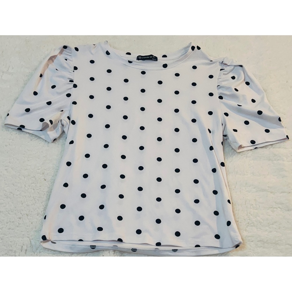 Popular 21 Womens Polka Dot Puff Sleeve Knit Top White Black Medium